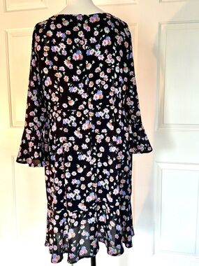 Betsey Johnson Black Floral Midi Dress with Bell Sleeves